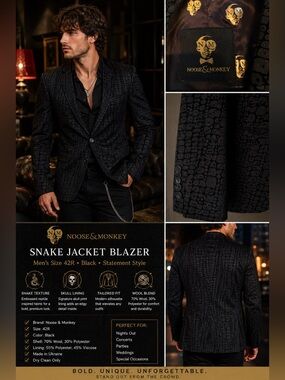 Noose & Monkey Snake Texture Blazer Men's 42R Black Skull Lining Wool Blend